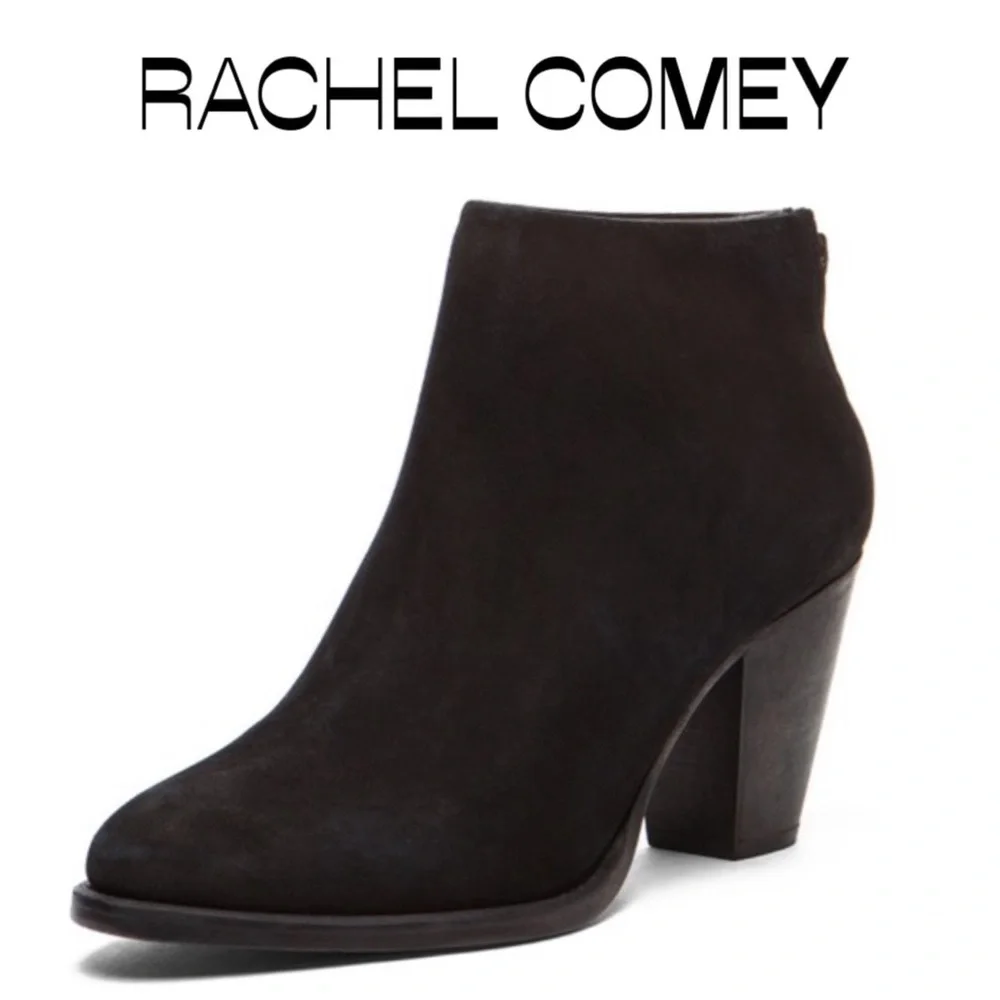 Rachel Comey Prose Black Suede Ankle Booties Stacked Heel 8 Minimalist Western